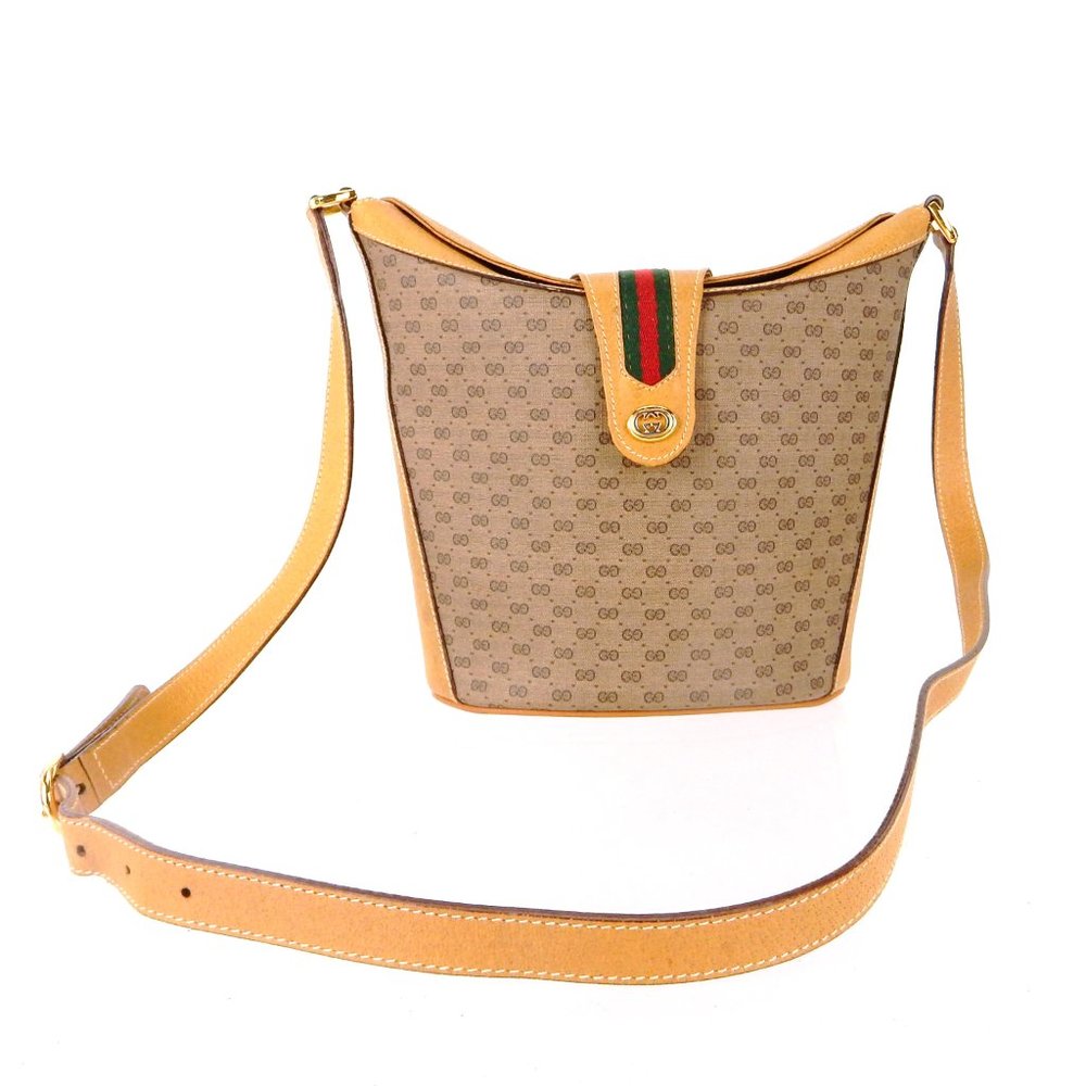 Vintage Brown Web GG Supreme Monogram Canvas and Leather Bucket Shoulder Bag